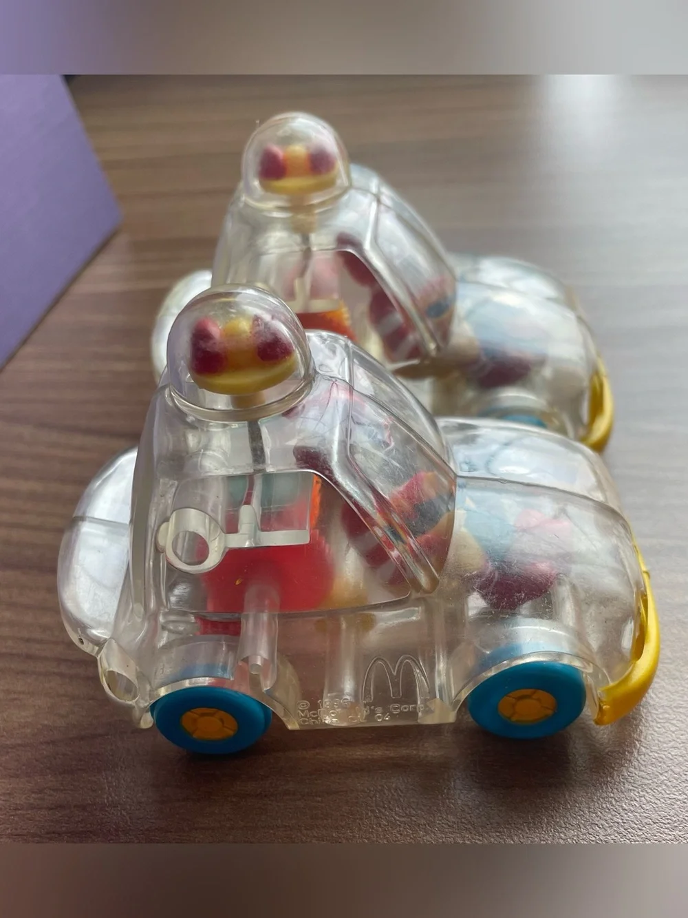 Vintage 1996 McDonald's Ronald McDonald Clear See-Thru Gear Cars Lot of 2